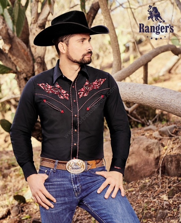 117CA01 Negro | Camisa vaquera negra Ranger's para hombre bordado águila  tribal - Corbeto's Boots