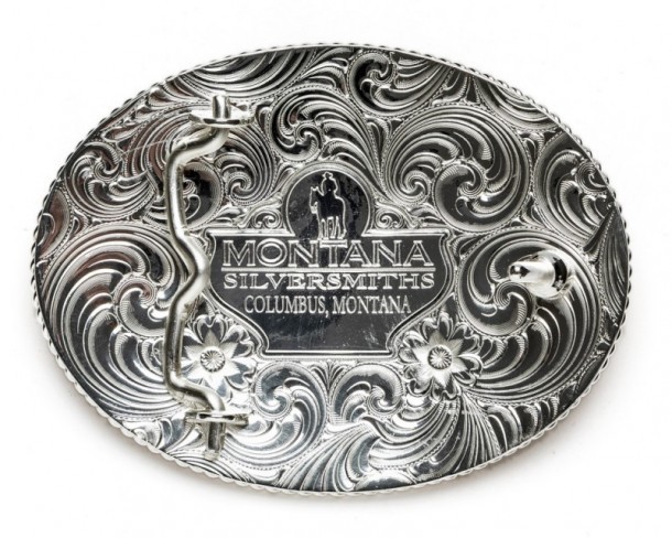 Hebilla rodeo chapada en plata con figura montador toros tamaño grande estilo western