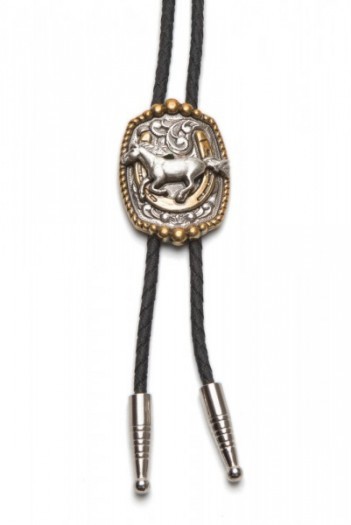 Running horse and golden horseshoe western bolo tie