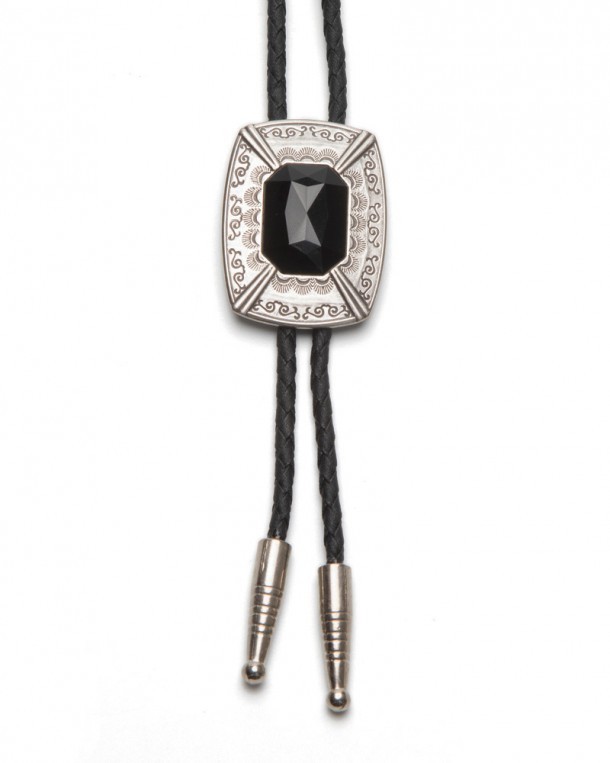 Rectangular Texan bolo tie with small mosaic engravings and black stone