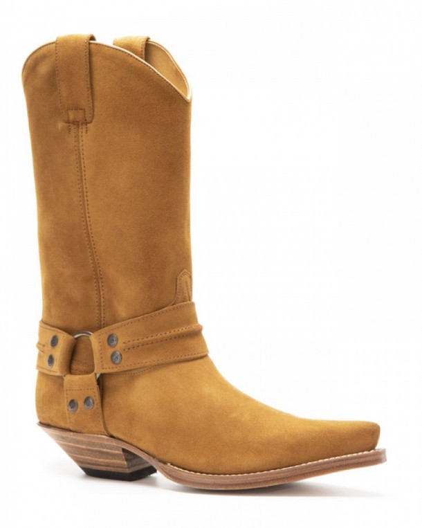 3305 Cuervo Serraje Camello | Mens Sendra camel colour suede low heel cowboy  boots with matching straps - Corbeto's Boots