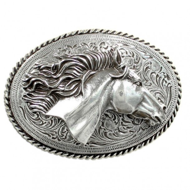 Silver mustang horse head western belt buckle
