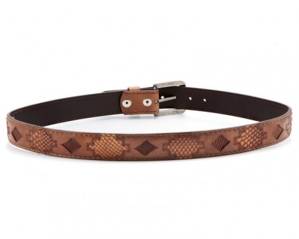 Unisex vintage brown leather belt with combined snake and lizard skin