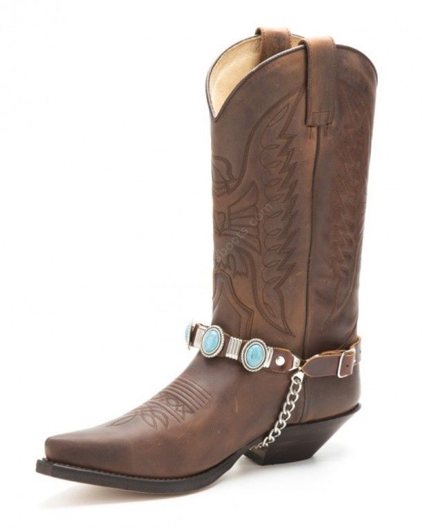 76 Marrón  Brown leather cowboy boot straps with oval turquoise stones -  Corbeto's Boots