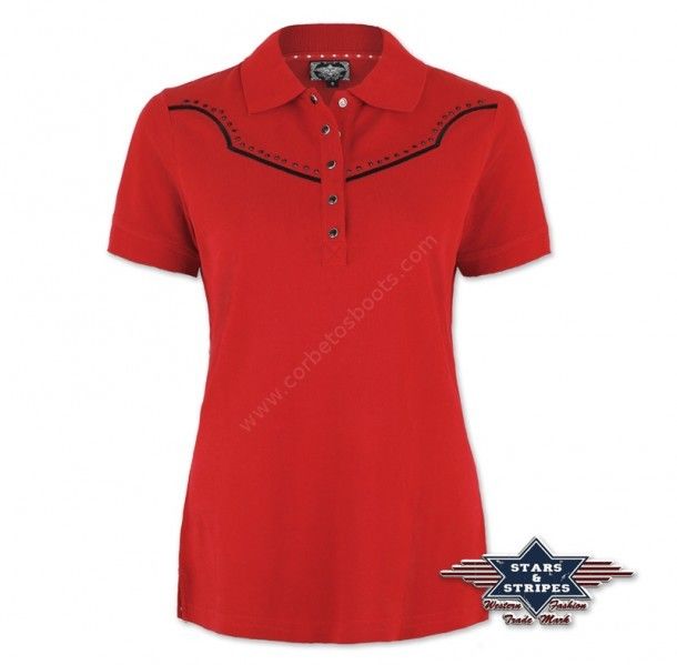 50-CAITLIN | Polo rojo estilo vaquero con canesú Stars & Stripes para mujer