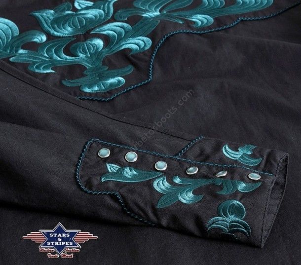 Camisa vaquera negra con bordados western azul turquesa para hombre