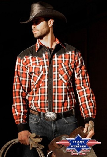 Mens Stars & Stripes red and black plaid long sleeve western shirt with black yoke