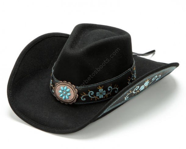 Sombrero cowgirl fieltro de lana negra con decoraciones color turquesa