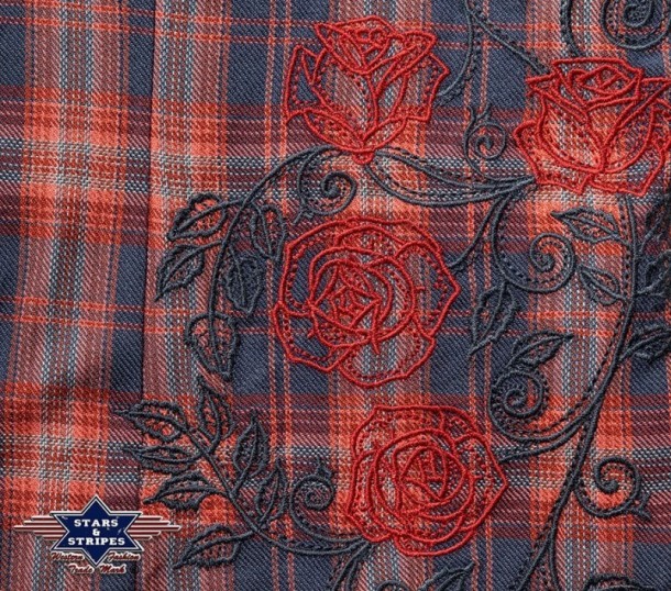 SEDONA | Buy from a huge variety of western blouses and shirts this Stars & Stripes women red & blue checkered model with a big flower stitching.