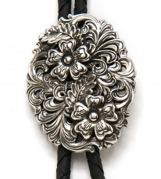 Floral filigree antique metal cowgirl bolo tie