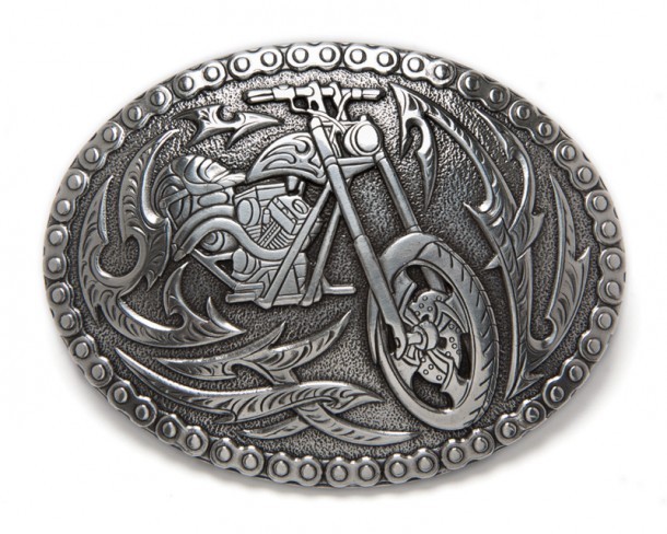 Buy now this biker style silver belt buckle with a custom motorbike surrounded by tribal flames and a chain link border at our online shop.