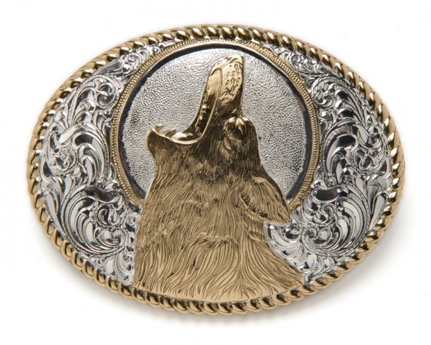 Silver plated howling wolf Crumrine cowboy belt buckle