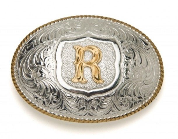 Crumrine Silversmiths R initial silver plated buckle