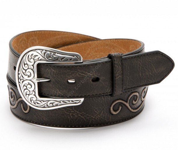 The best match for your cowboy boots and shirts is this handmade Nocona distressed black cow leather belt with western conchos and raised scrolls.