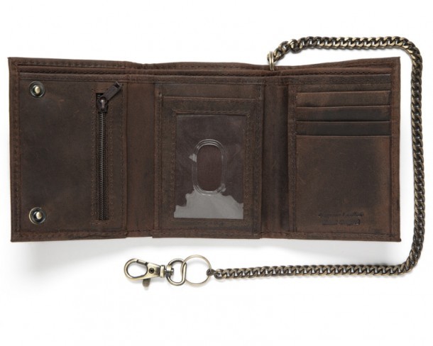 Cartera motera lisa pequeña piel engrasada marrón con cadena brillo latón