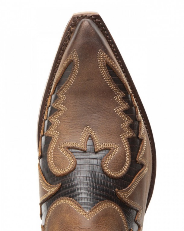 Tanned brown mens Sendra cowboy boots with cow leather faux reptile skin