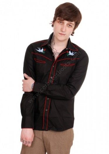 70-Tatoo Swallow | Camisa rockabilly negra para hombre con golondrinas bordadas