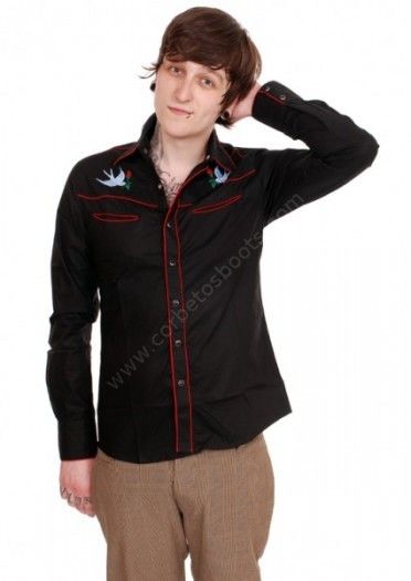 70-Tatoo Swallow | Camisa rockabilly negra para hombre con golondrinas bordadas