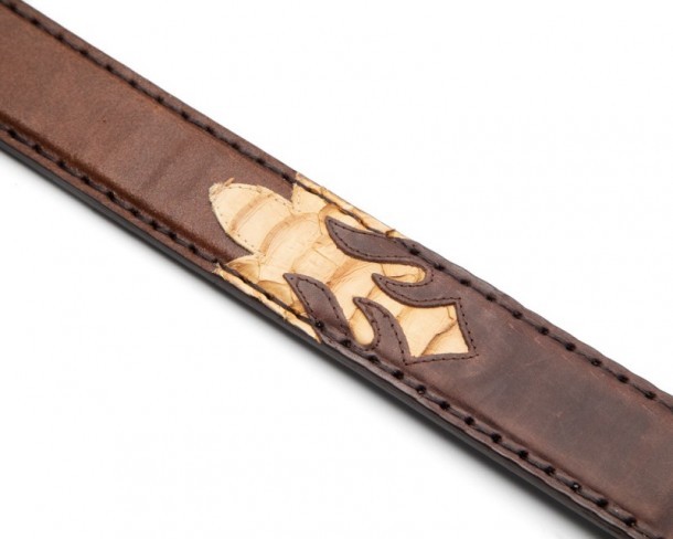 Brown leather double tone western style belt with sand colored python skin