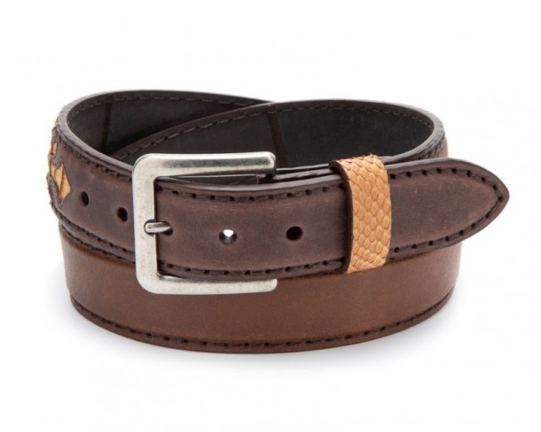 Brown leather double tone western style belt with sand colored python skin