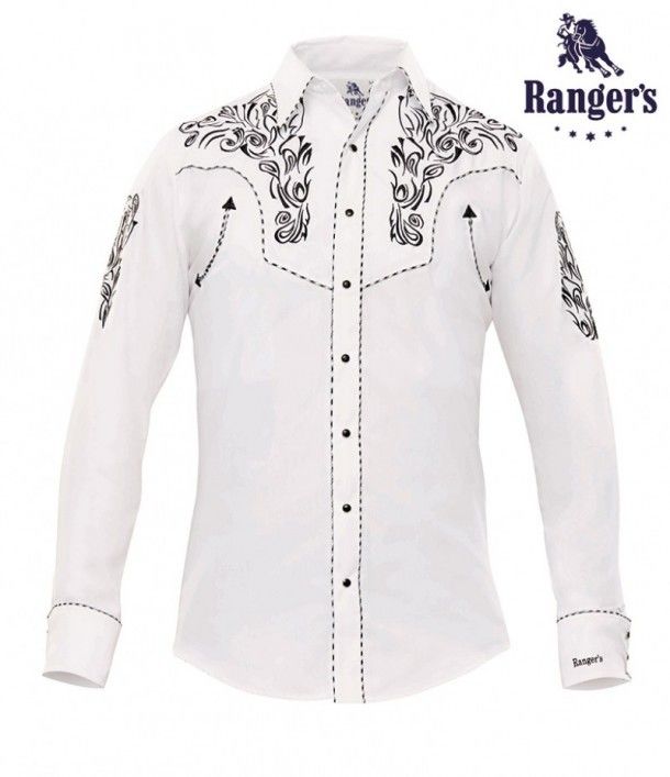 Camisa cowboy blanca con bordado negro Ranger