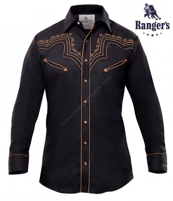 Currículum en frente de conferencia 097CA01 Negro | Camisa negra Ranger's para hombre con bordado estilo  mexicano color marrón - Corbeto's Boots