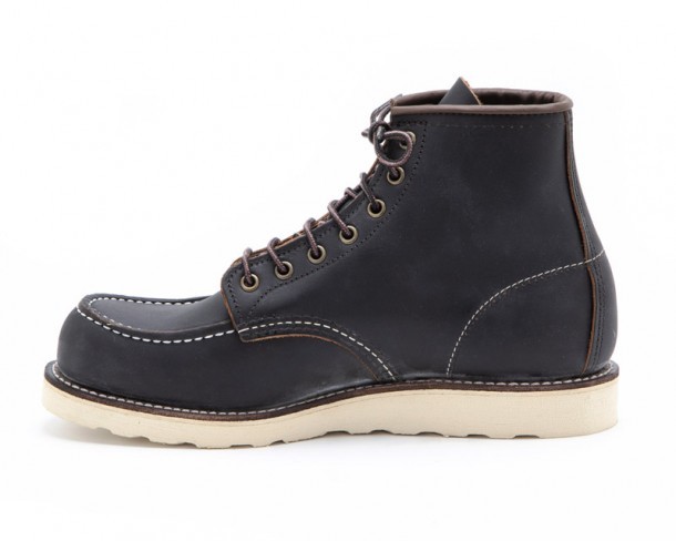 Classic Moc last black leather Red Wing laced boots with light white rubber sole