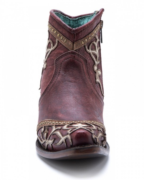 Corral Boots ladies distressed carmine red western booties with light embroidery on decorative overlay