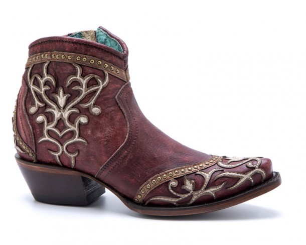 Botinas western para mujer Corral cuero rojo desgastado con decoración doble piel y bordado