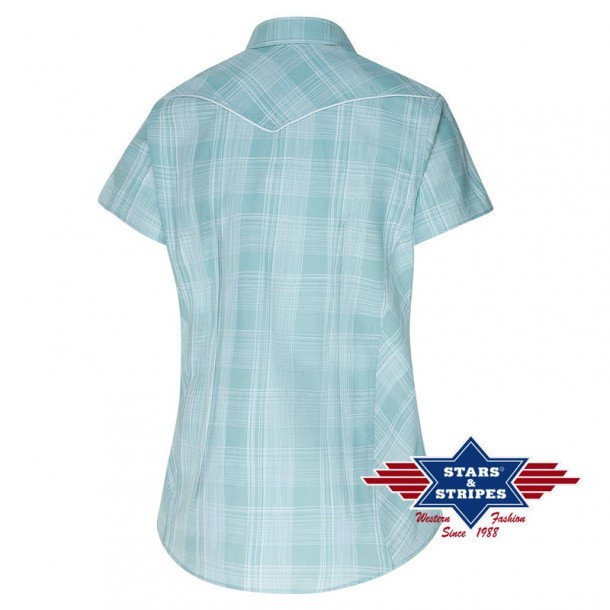 Light blue with white stripes checkered Stars & Stripes ladies western blouse