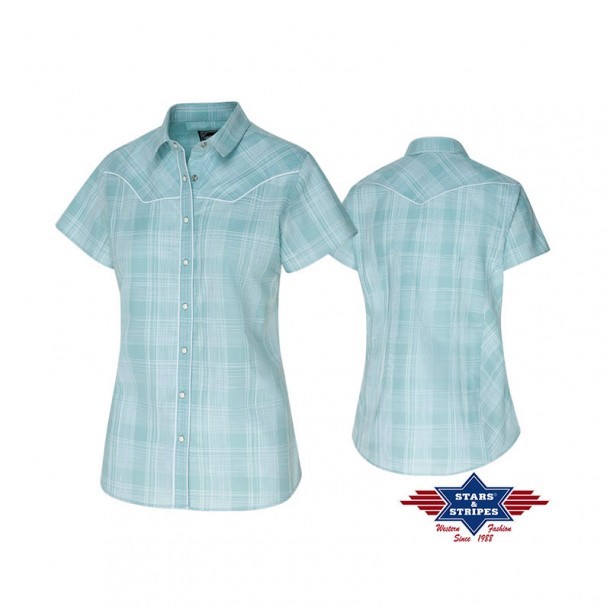 Light blue with white stripes checkered Stars & Stripes ladies western blouse