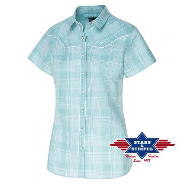 Light blue with white stripes checkered Stars & Stripes ladies western blouse