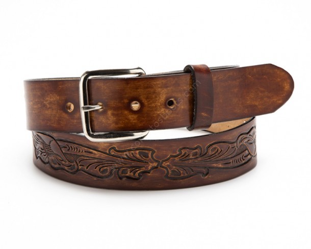 Distressed cognac leather cowboy belt with western engravings