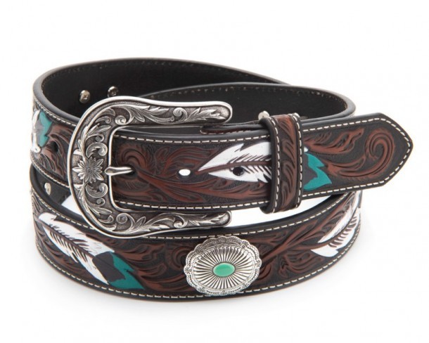 Line dance style Ariat women belt with green turquoise stone conchos and painted feathers