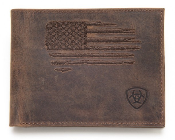 Tanned rustic brown leather Ariat bifold wallet with embroidered American flag