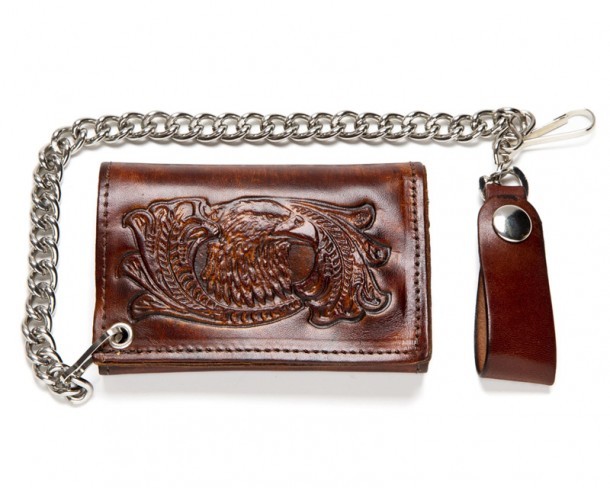 Vintage brown leather compact chain wallet with tooled rustic look eagle