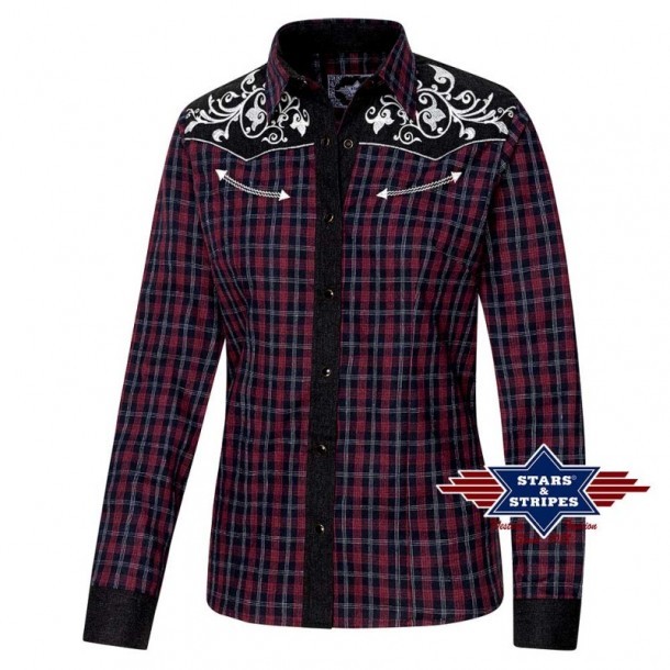 Camisa estilo country a cuadros mujer con canesú bordado