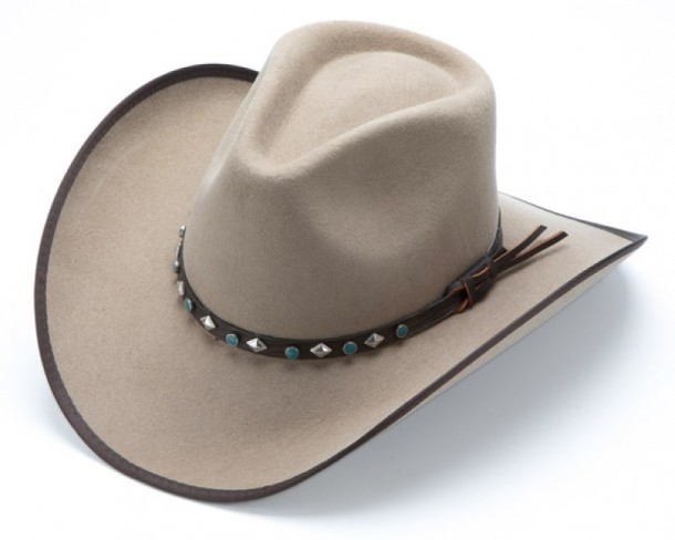 Unisex sand colour wool felt cowboy hat with turquoise and concho hat band