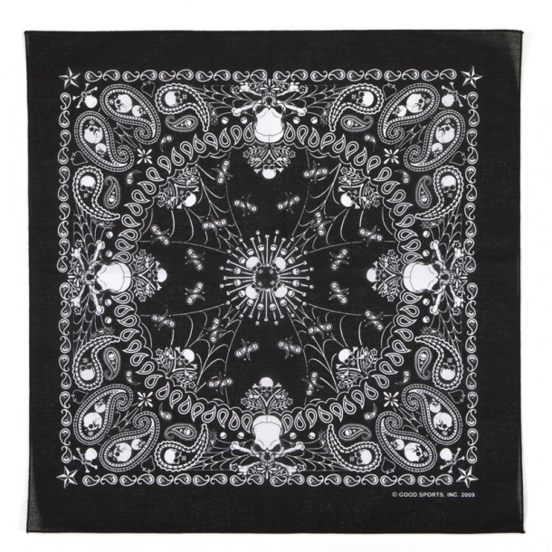 Skulls black biker style bandana 100% cotton. Authentic biker scarf to cover the face or tie around the neck made in USA