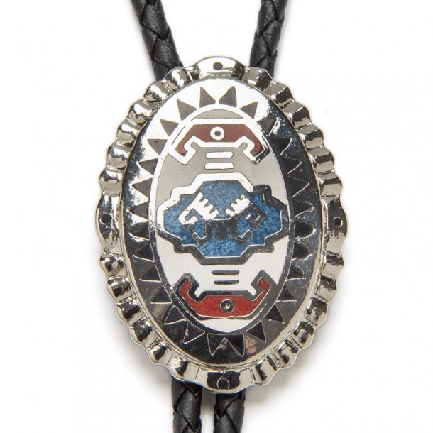 Native American war shield design chromed metal western bolo tie