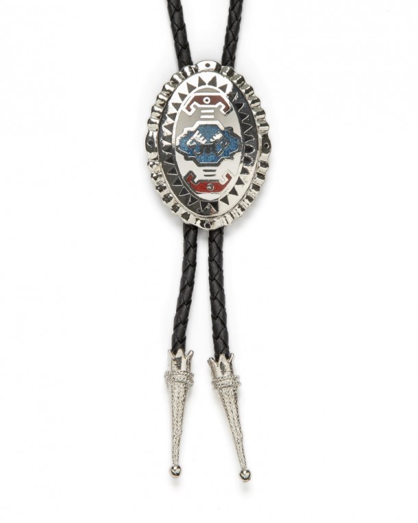 Native American war shield design chromed metal western bolo tie