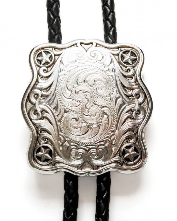Montana Silversmiths silver bolo tie for men rectangular shape with stars and floral reliefs