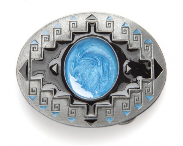 Aztec mosaic design small belt buckle with painted blue oval