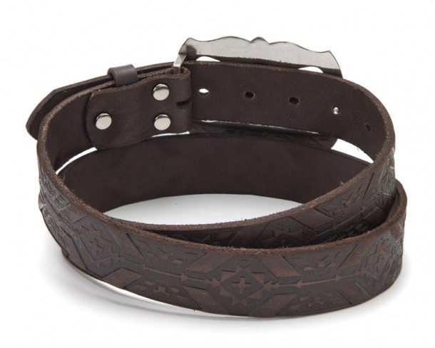 Embossed Navajo mosaic brown leather cowboy belt with Native American chief engraved buckle