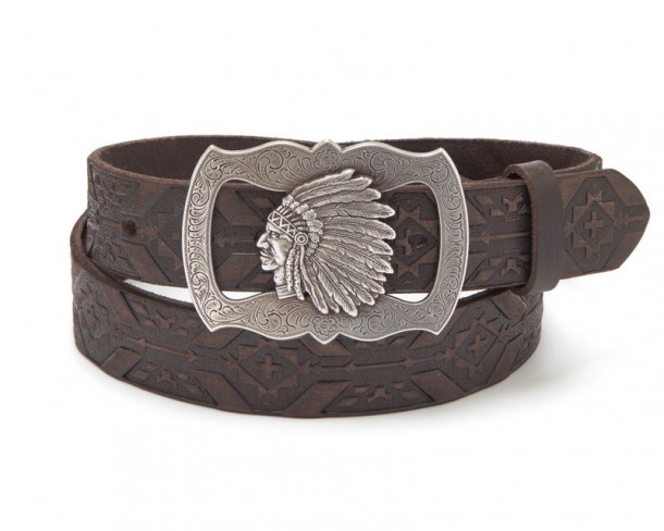 Embossed Navajo mosaic brown leather cowboy belt with Native American chief engraved buckle