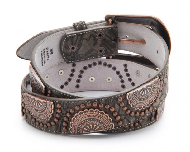 Earthtone brown leather cowgirl belt with big half moon copper conchos