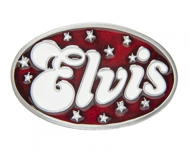 Enameled red and white Elvis belt buckle with stars