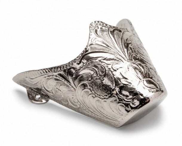 Silver metal toe caps with floral engraving for cowboy boots available at Corbeto