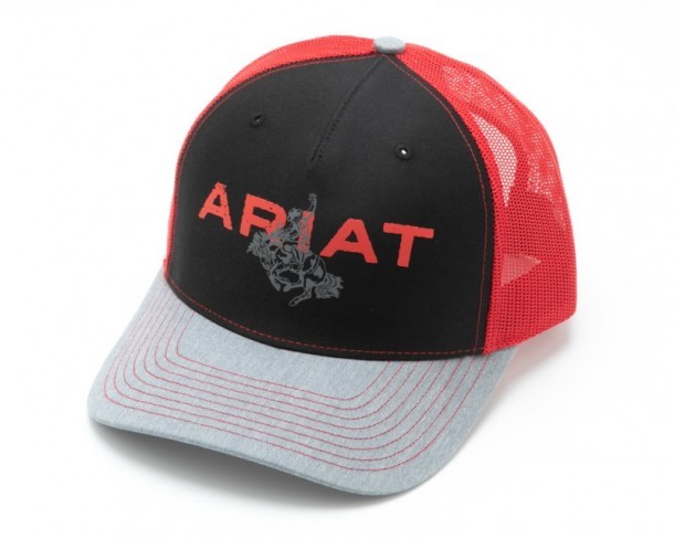 Ariat trucker cap with gray visor and cowboy print available in Corbeto