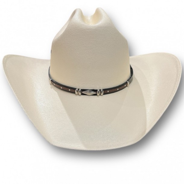 Unisex classic white canvas cowboy hat with two-tone brown band and diamond conchos